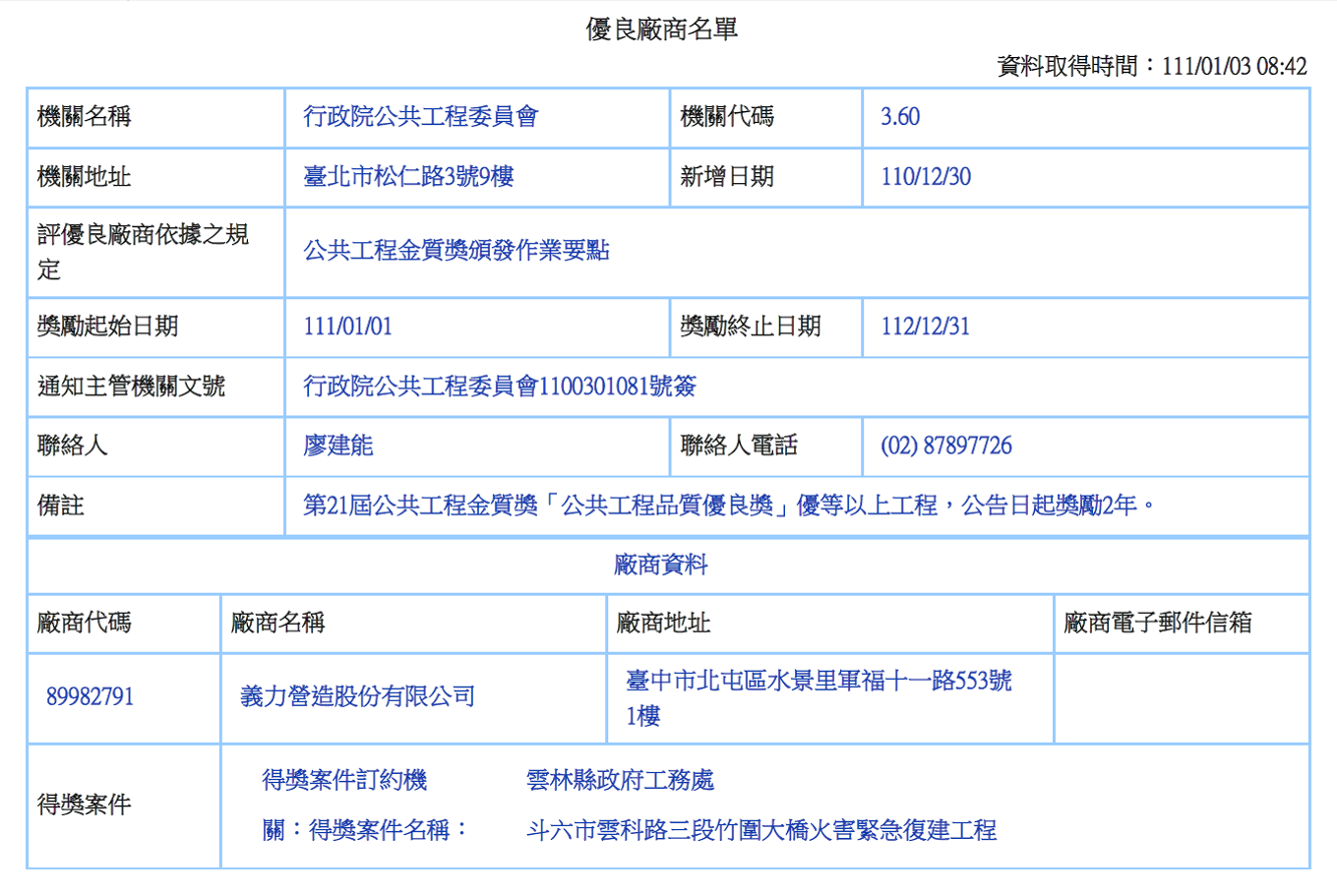 [111年]榮獲 行政院公共工程委員會 認定為優良廠商